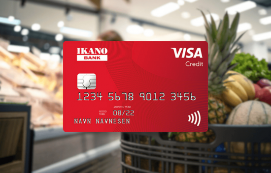 Ikano Visa kredittkort med dagligvarer i bakgrunnen